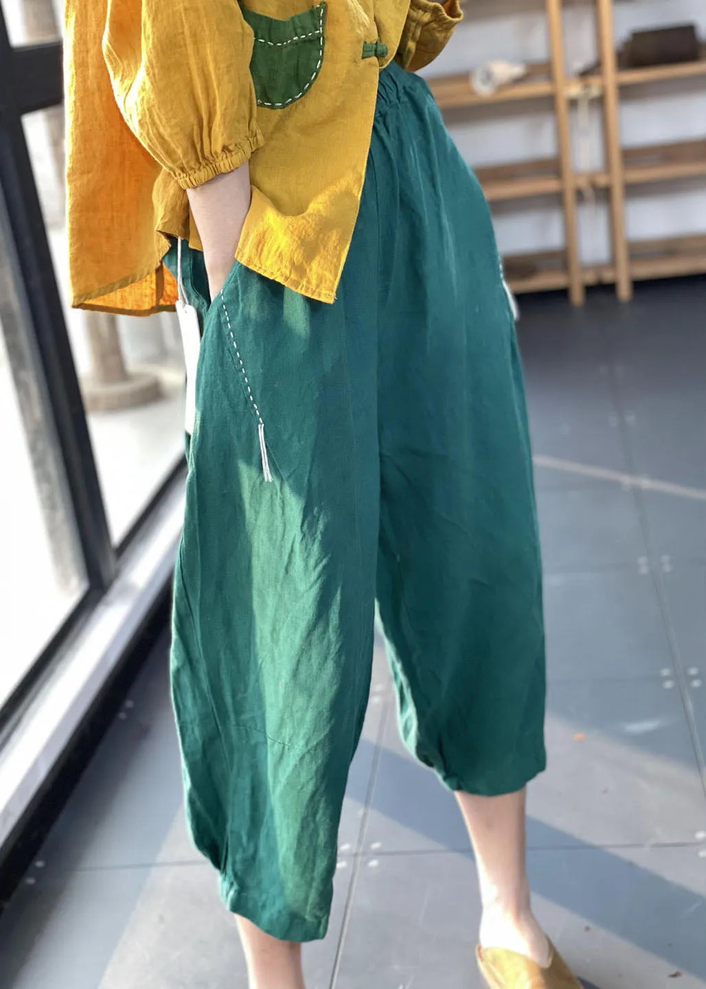 Organic Green Pockets Loose Harem Fall Pants