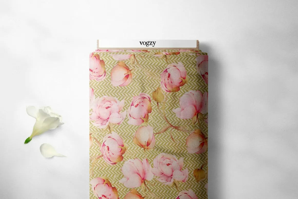 Pastel Color Rose With Zig Zag Background Pattern Printed Natural Muslin Silk Fabric