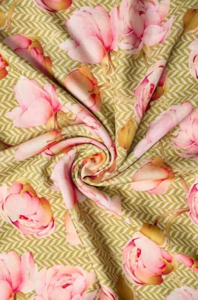 Pastel Color Rose With Zig Zag Background Pattern Printed Natural Muslin Silk Fabric