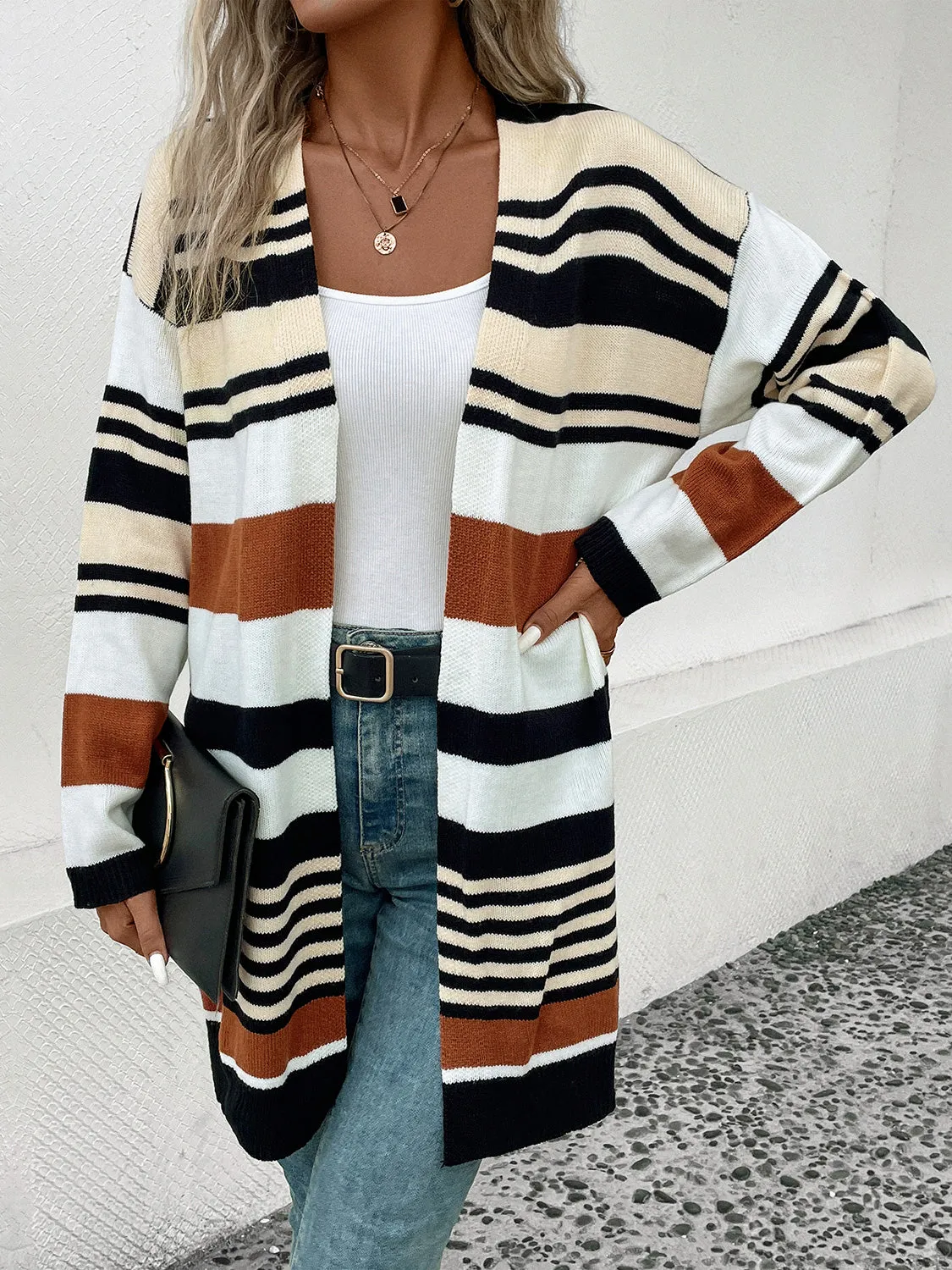 Perfee Striped Open Front Drop Shoulder Cardigan