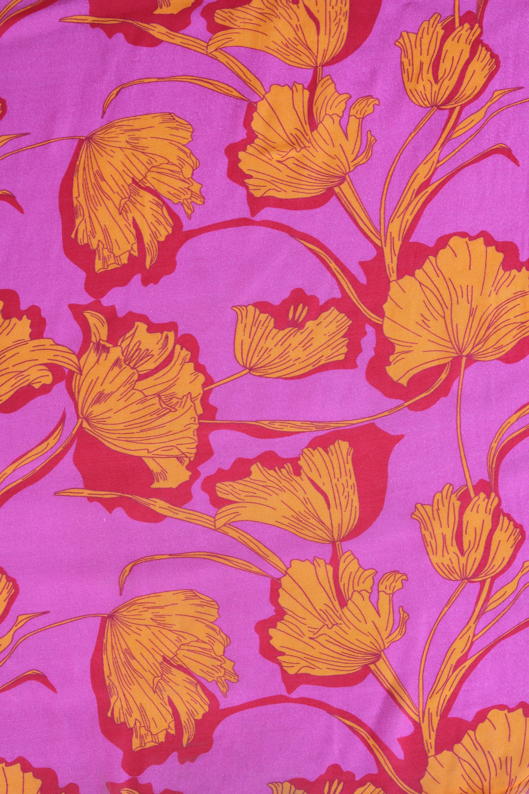 Pink Orange Floral Pattern Printed Natural Muslin Silk Fabric