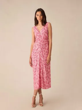 Pink Paisley Ruched Front V-Neck Midi Dress