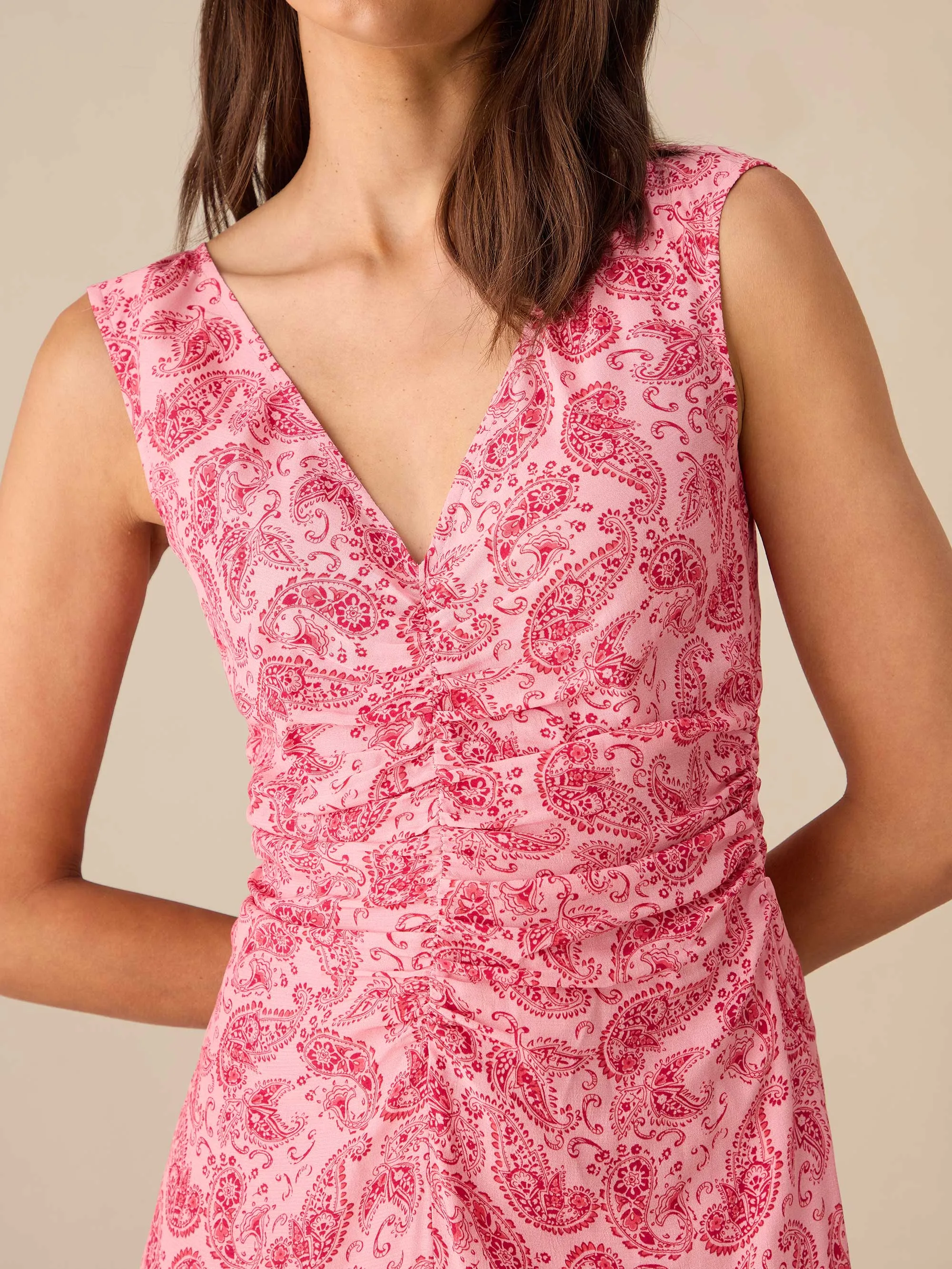 Pink Paisley Ruched Front V-Neck Midi Dress