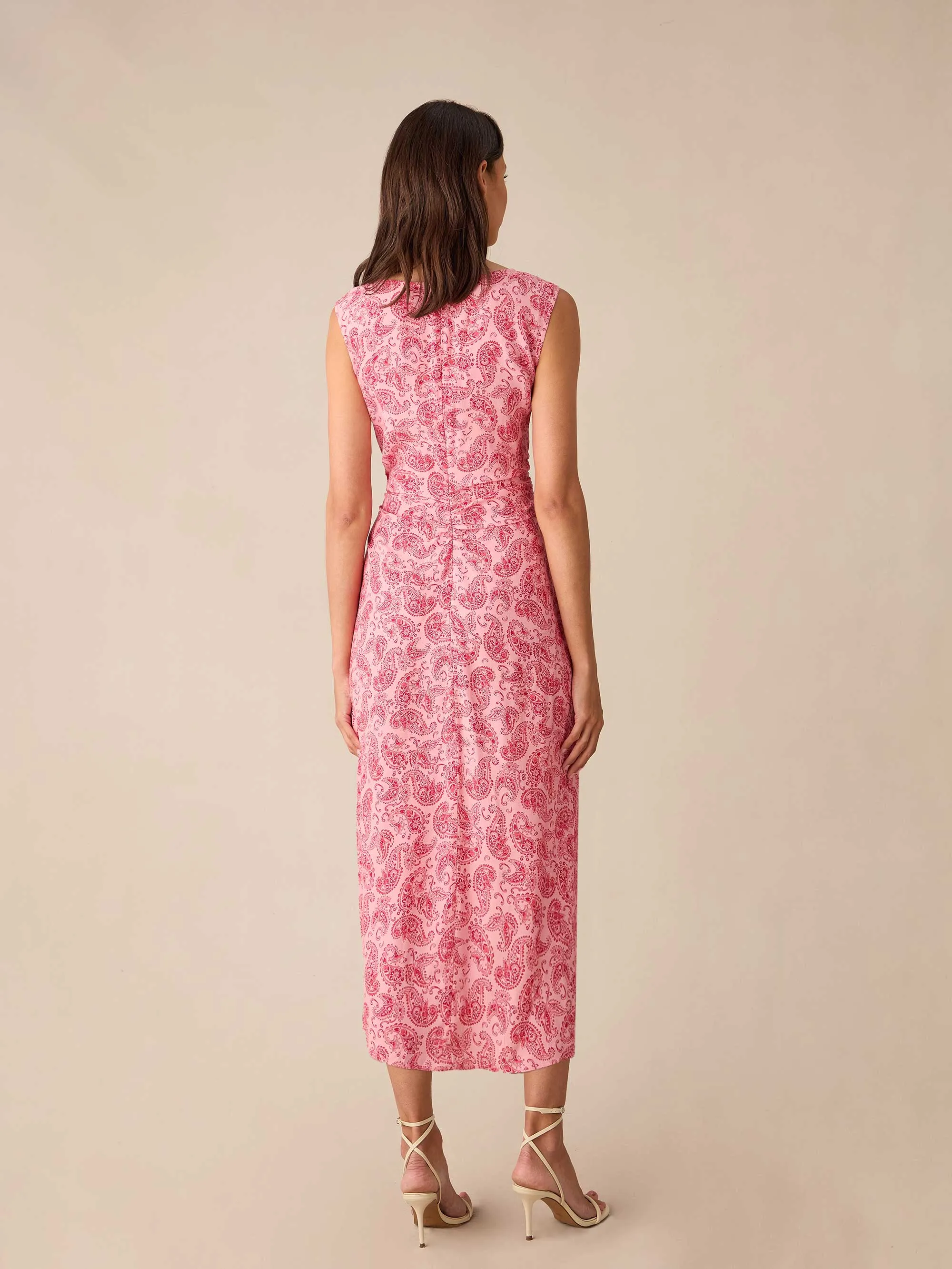 Pink Paisley Ruched Front V-Neck Midi Dress