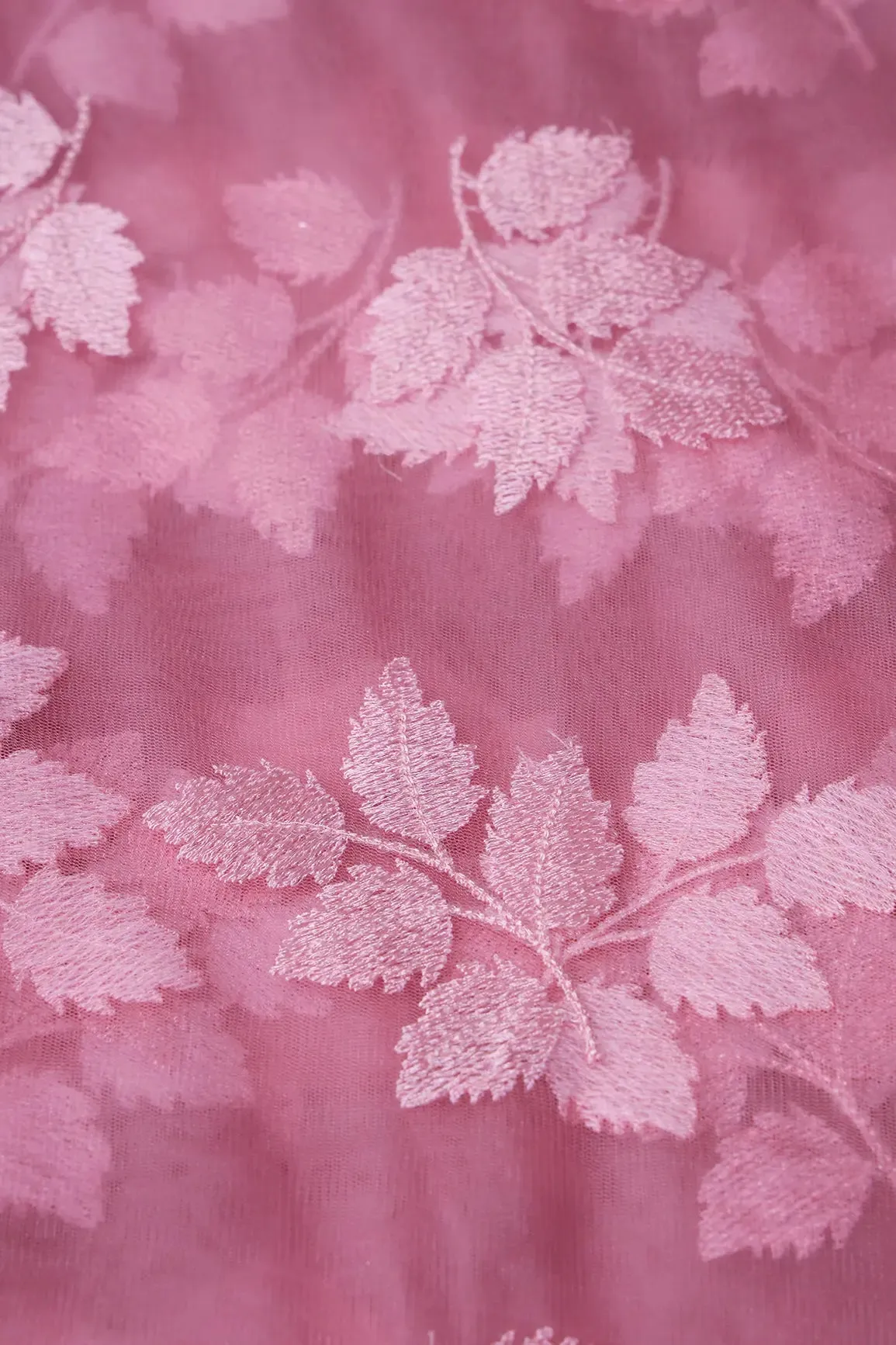 Pink Thread With Sequins Leafy Embroidery Work On Pink Soft Net Fabric