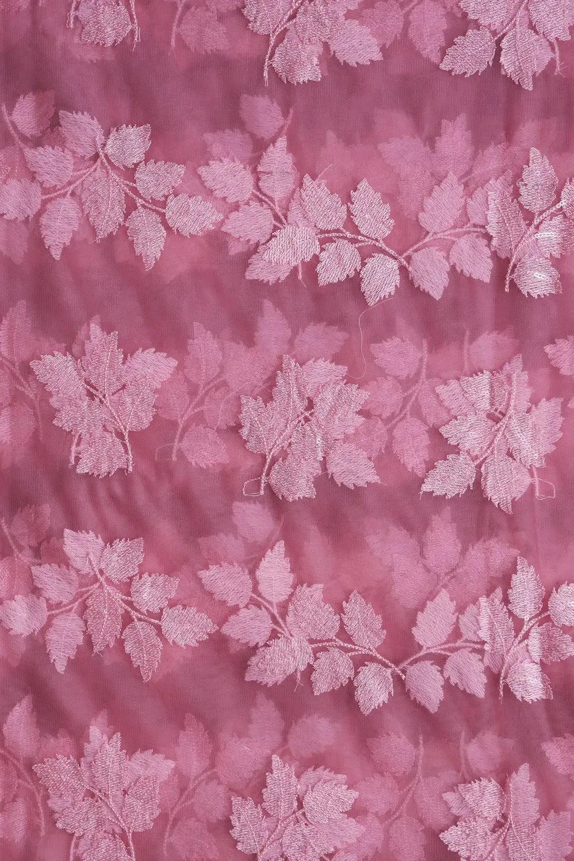 Pink Thread With Sequins Leafy Embroidery Work On Pink Soft Net Fabric