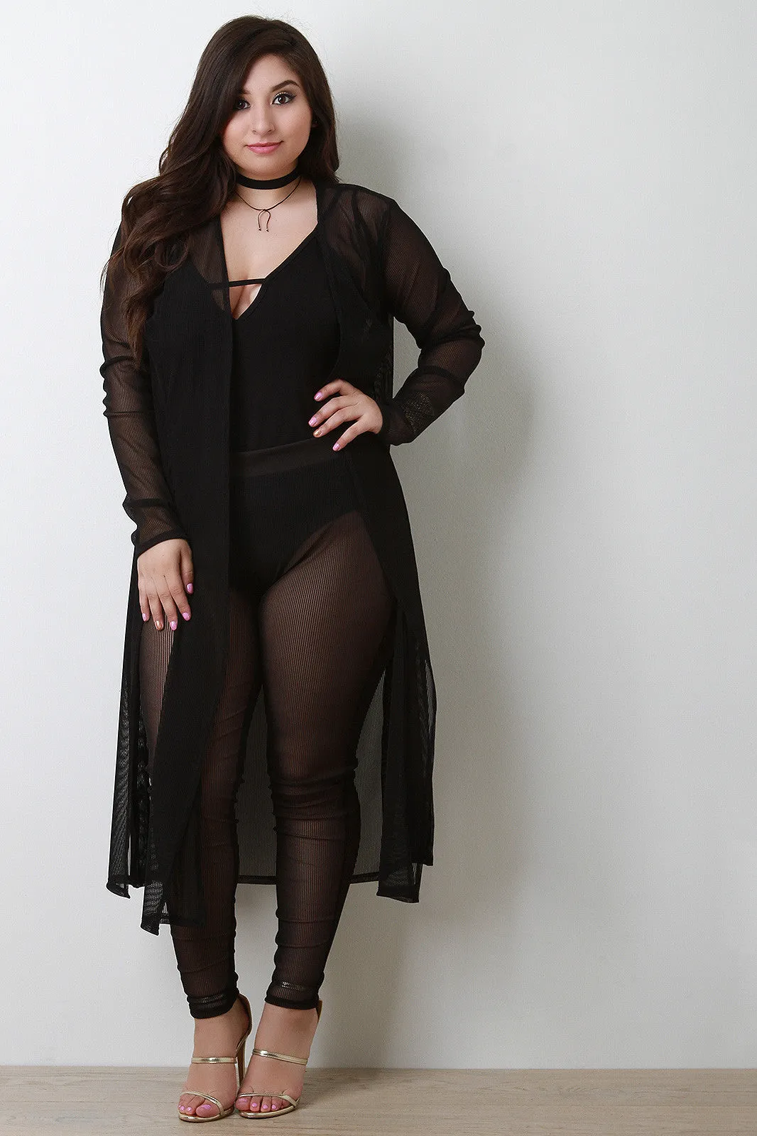 Pinstripe Semi-Sheer Mesh Long-Line Cardigan