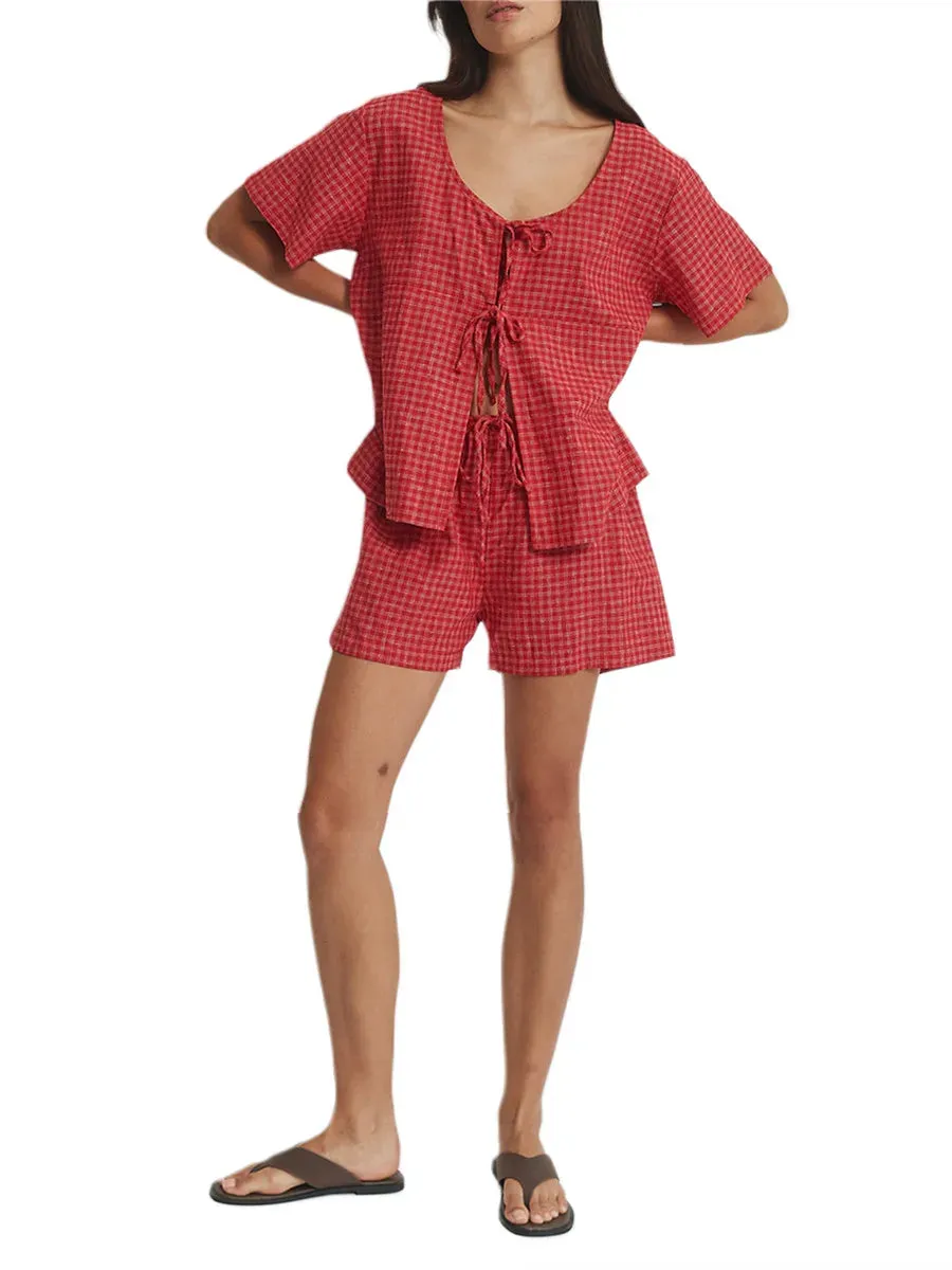 Plaid Duo Playful Tie-Front Top & Shorts Set