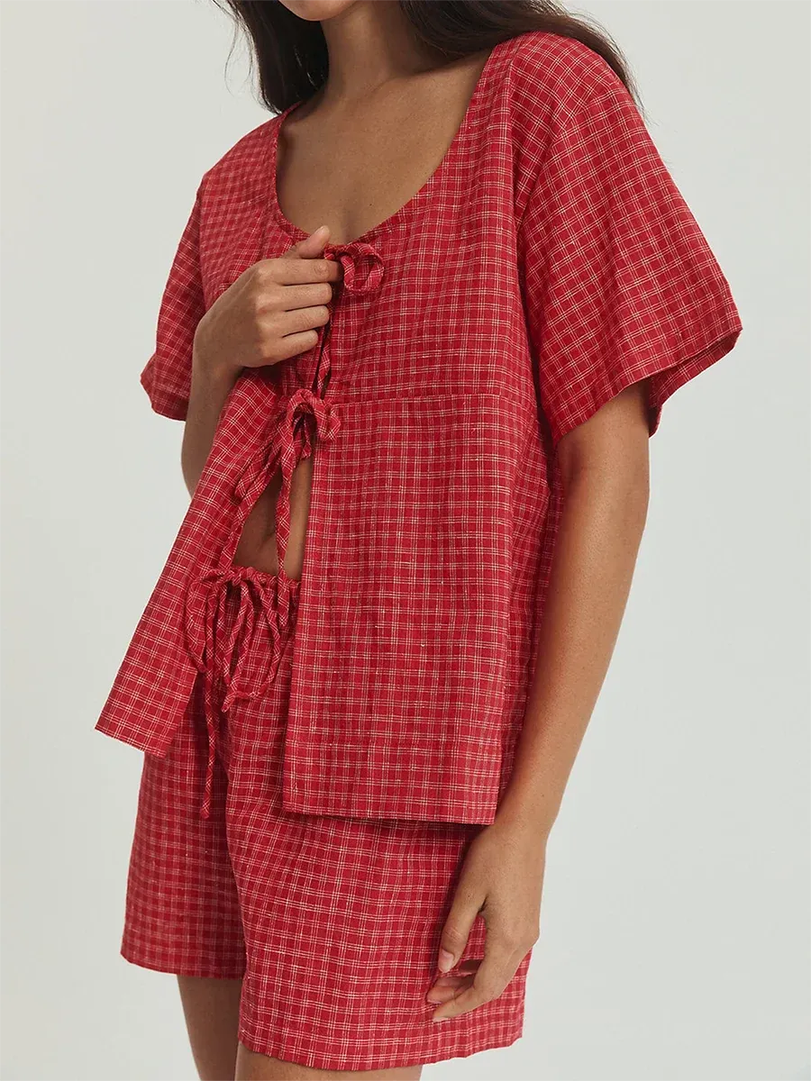 Plaid Duo Playful Tie-Front Top & Shorts Set