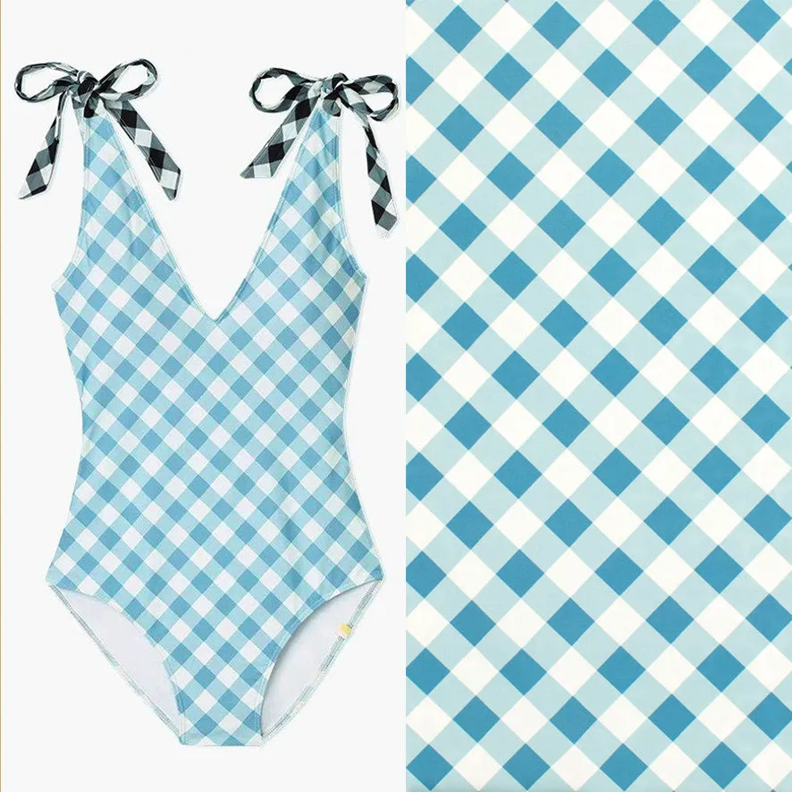 Premium Digital Printed Swimwear Lycra Design-14 Blue Checks