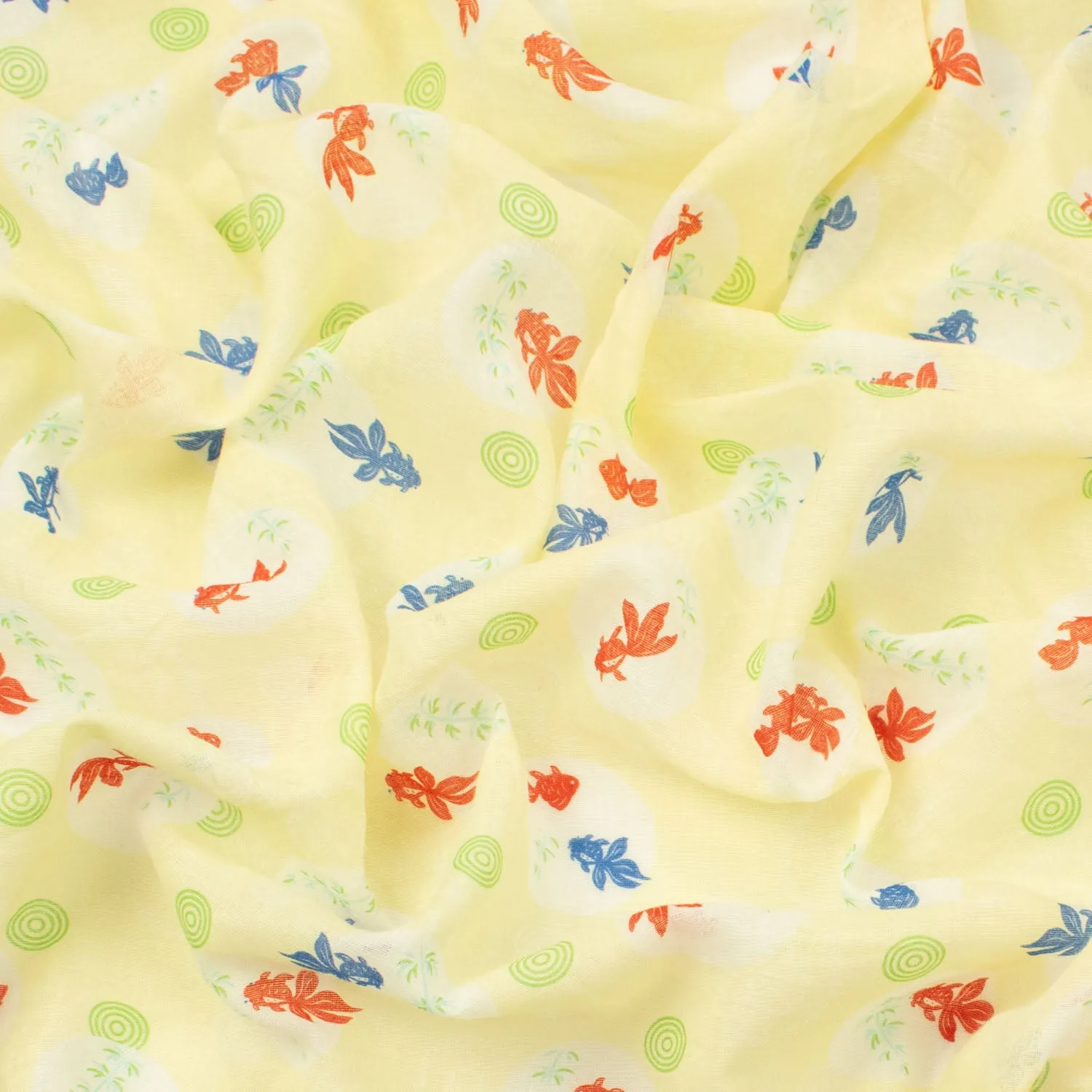 Printed Cotton Voile Design-80 Blue & Red Goldfish on Pale Yellow