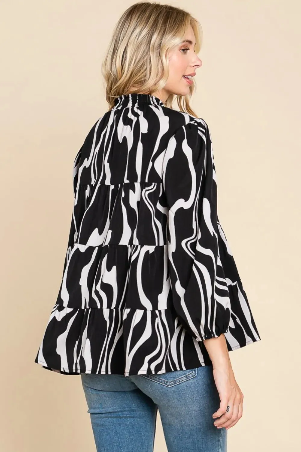 Printed Smock Neck Tiered Blouse