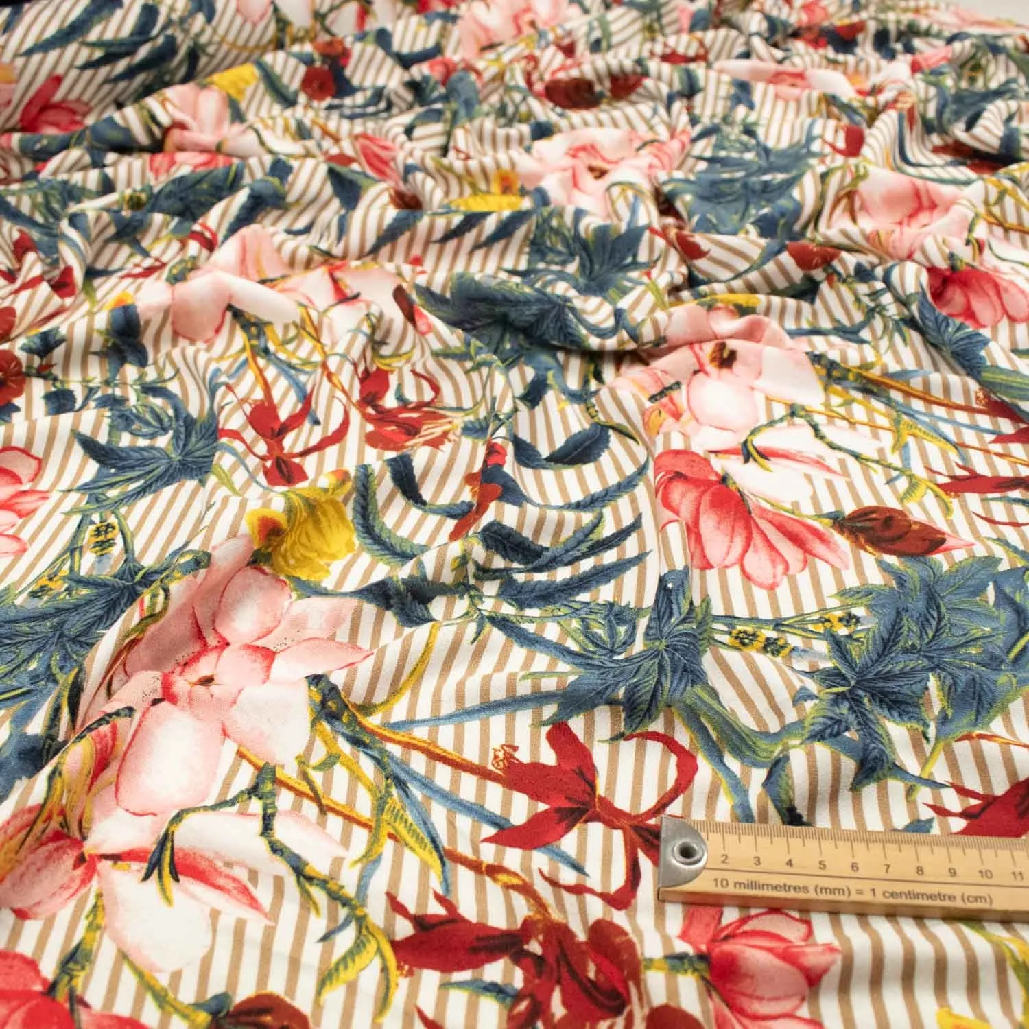 Printed Soft Touch Crepe Red & Pink Flowers on Beige Stripes