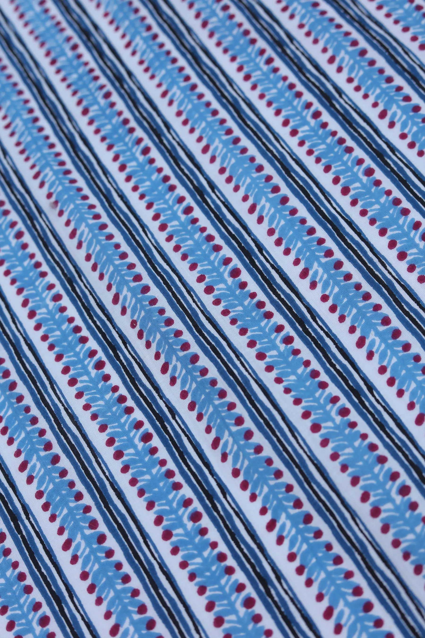 Pure Cotton Blue Hand Block Stripe Pattern Printed Fabric