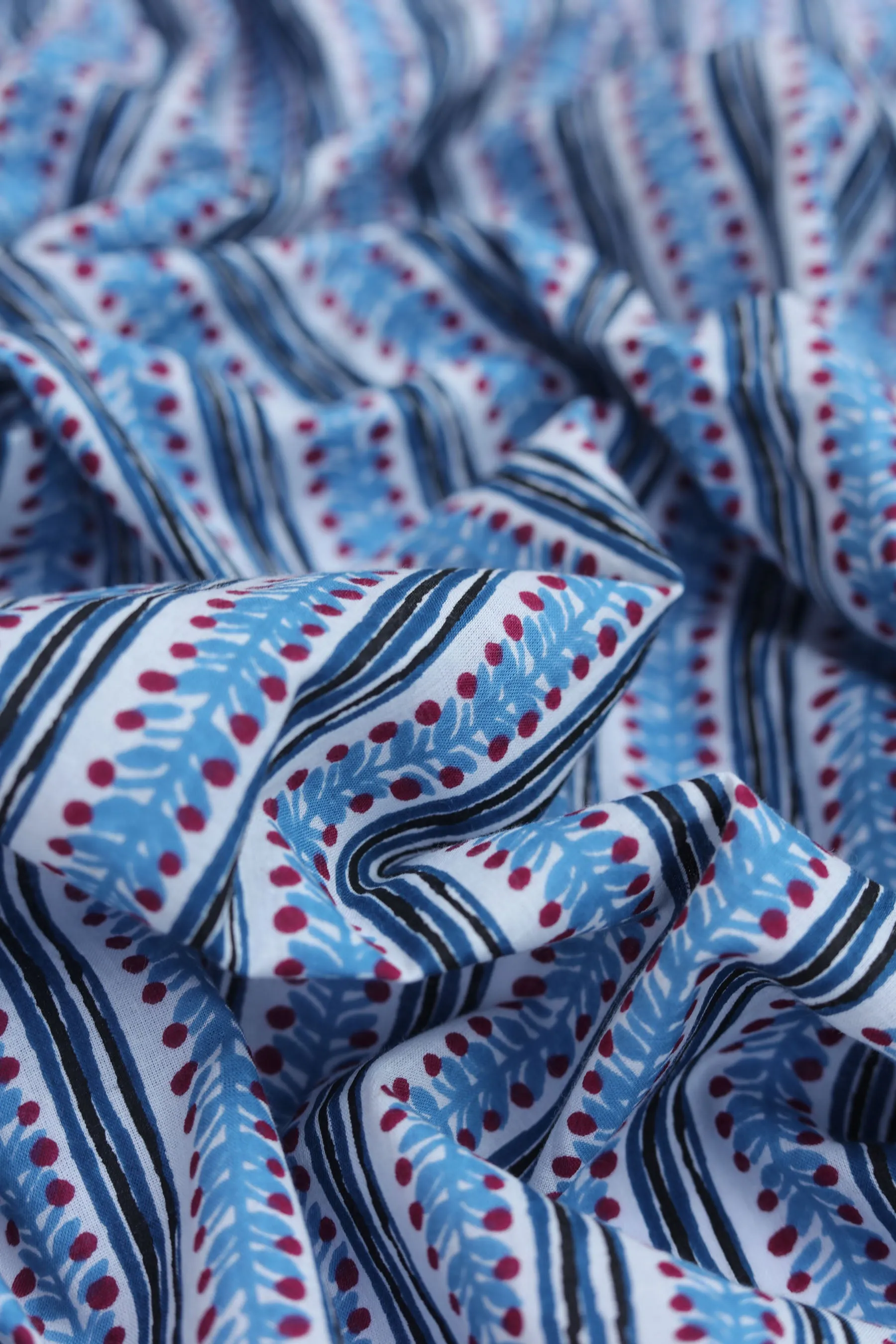 Pure Cotton Blue Hand Block Stripe Pattern Printed Fabric