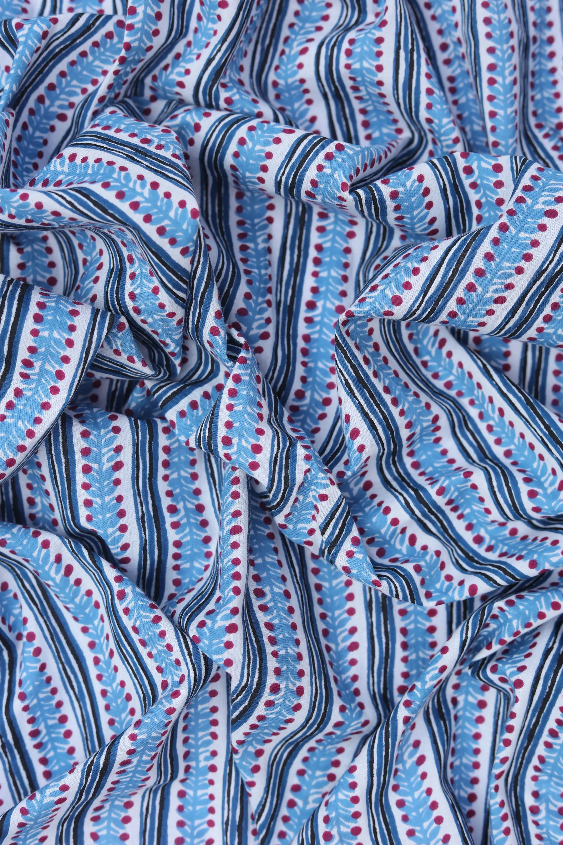 Pure Cotton Blue Hand Block Stripe Pattern Printed Fabric