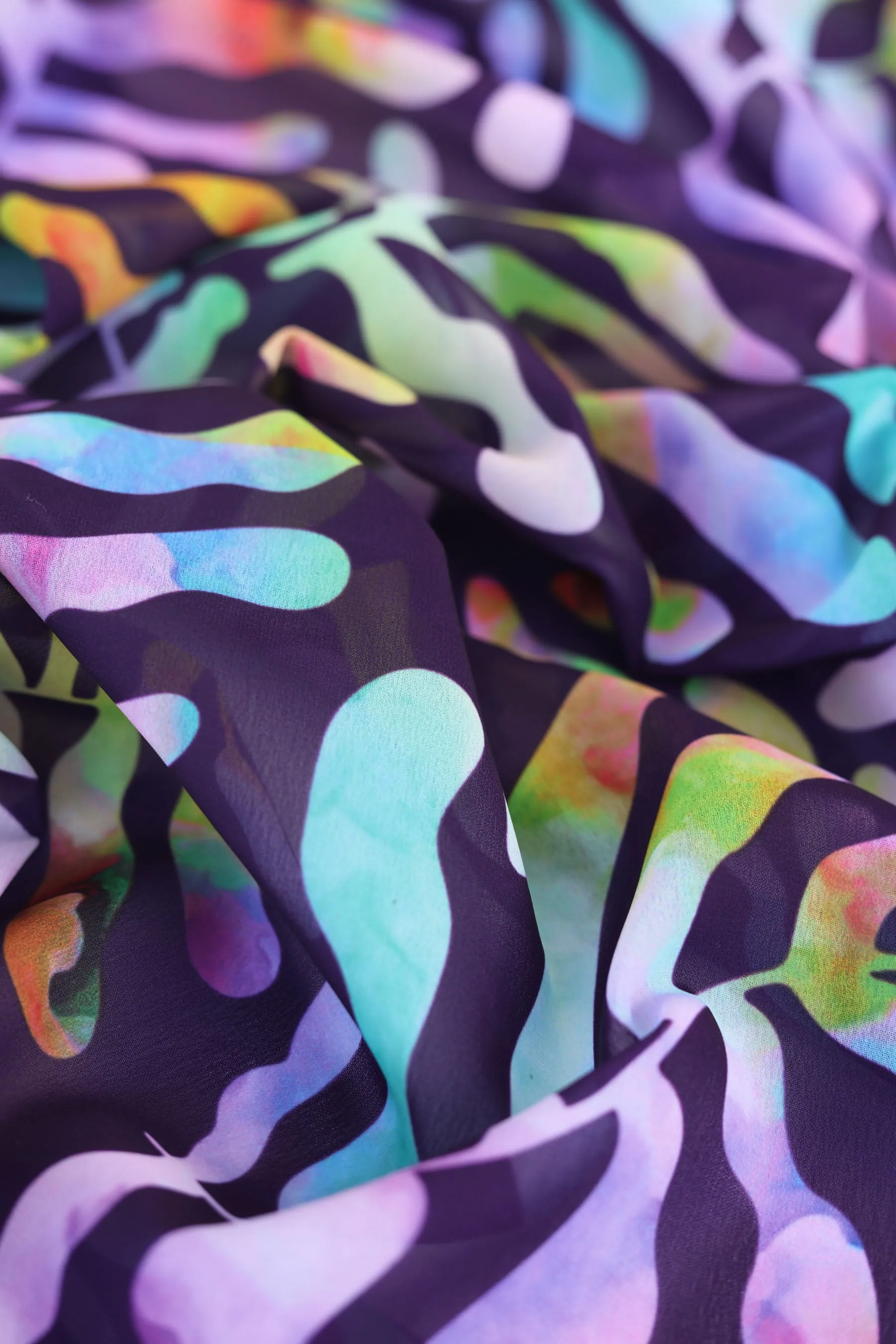 Purple Multicolor Abstract Leaf Pattern Printed Georgette Fabric