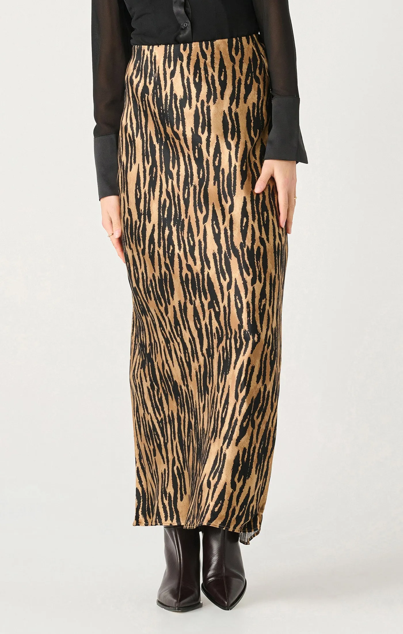 Satin Slip Maxi Skirt | Black/ Brown Animal Print