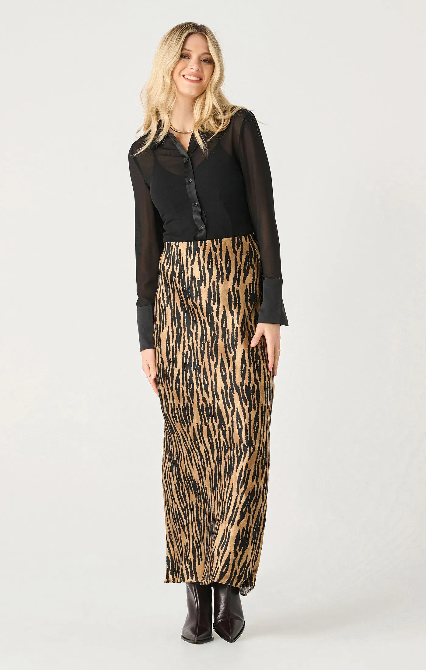 Satin Slip Maxi Skirt | Black/ Brown Animal Print