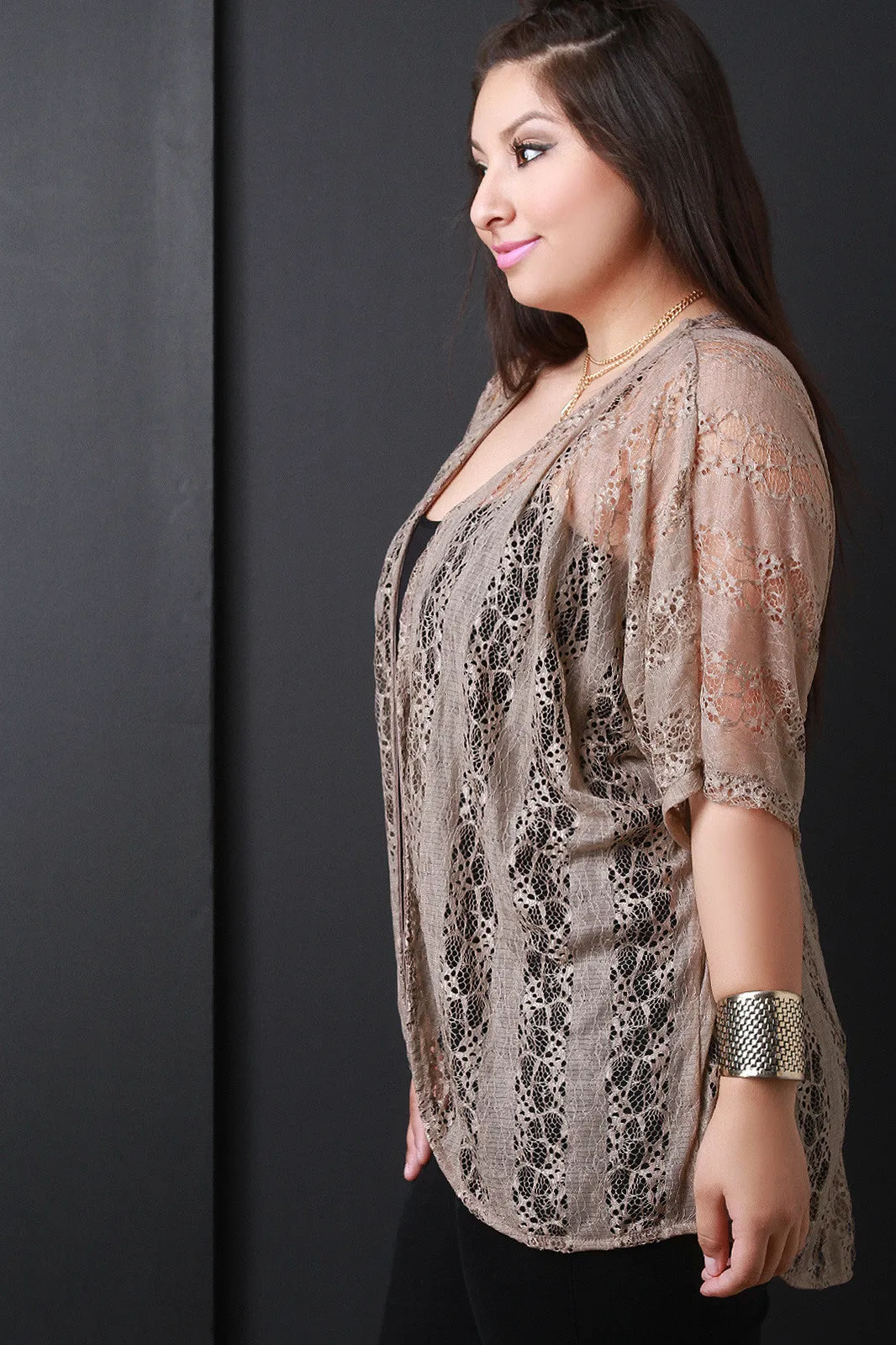 Semi-Sheer Lace Open Front Cardigan