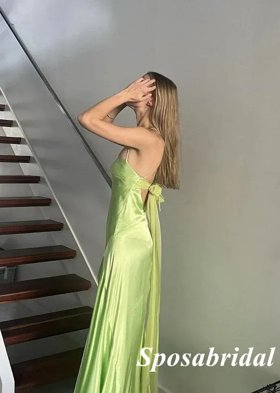 Sexy Green Soft Satin Spaghetti Straps Side Slit Mermaid Prom Dresses With Bow Tie, PD3863