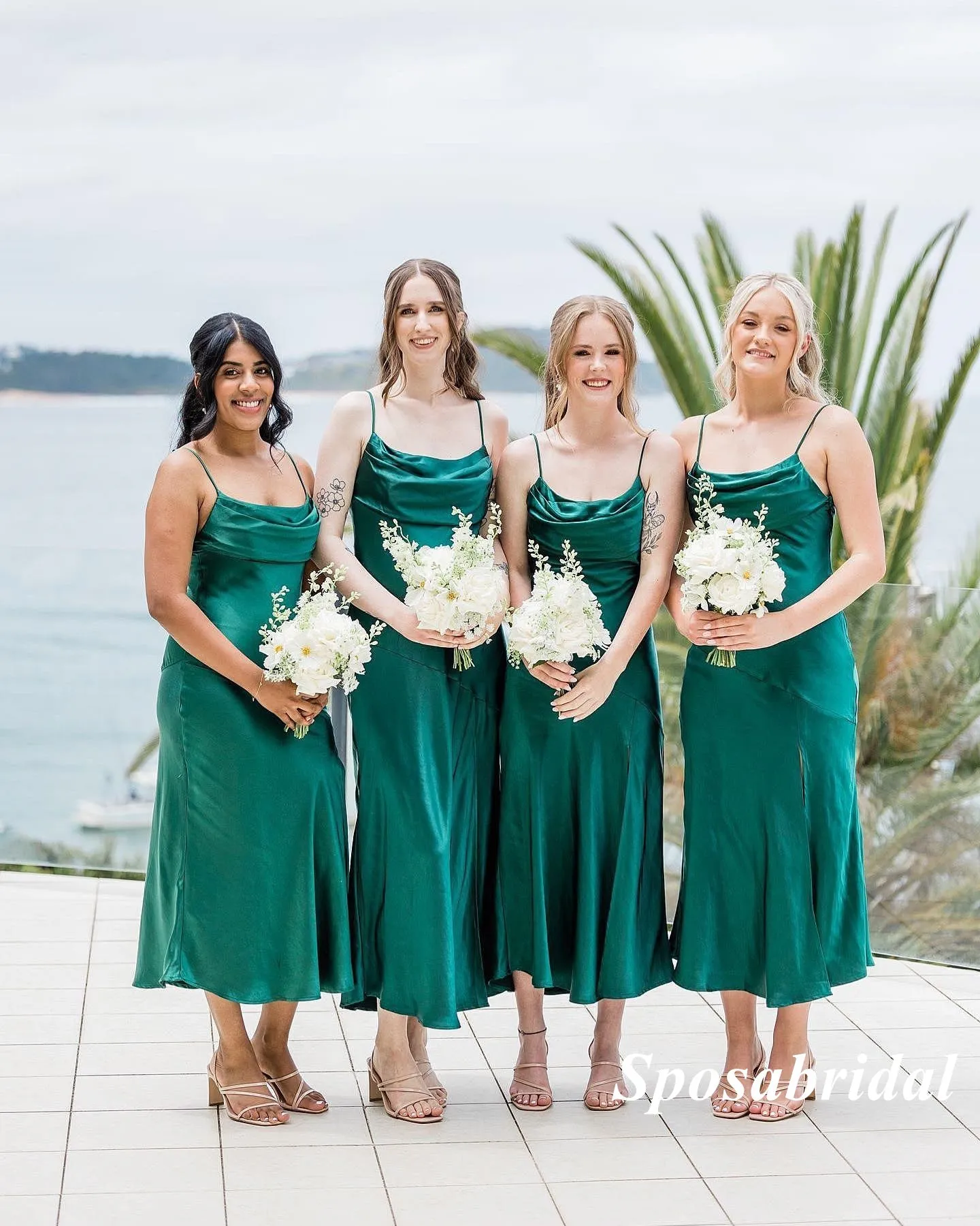 Sexy Soft Satin Spaghetti Straps Cowl Sleeveless Mermaid Teal-Length Bridesmaid Dresses, BD3332