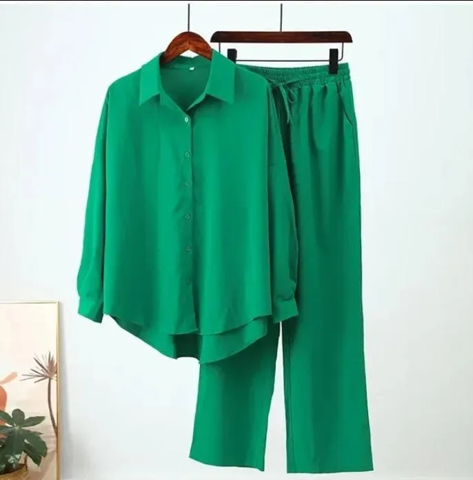 Solid Color Loose Stretchy Wrinkle Shirt Plus Dant Dress B-75340