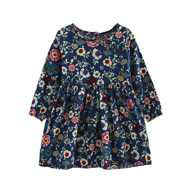 Summer Cute Knee-Length Long Sleeve Soft Cotton Sundress For Girls