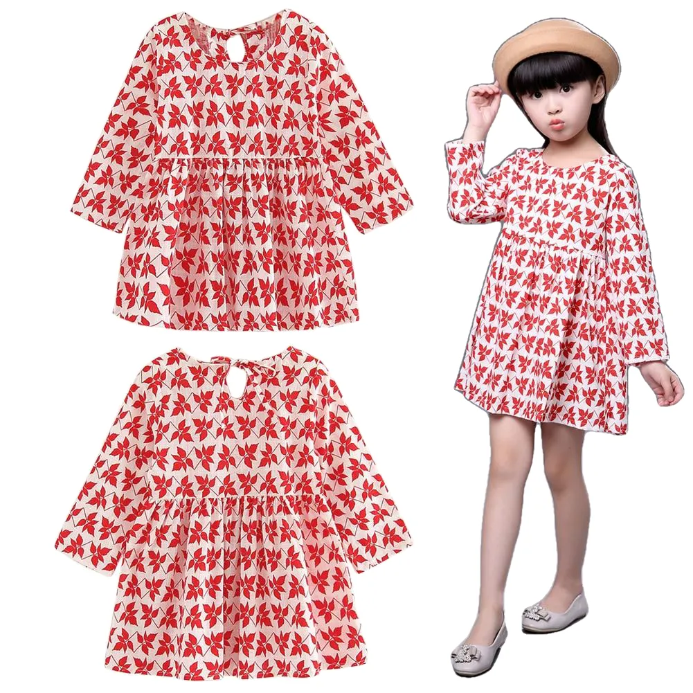 Summer Cute Knee-Length Long Sleeve Soft Cotton Sundress For Girls