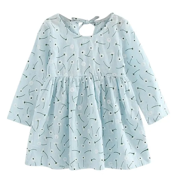 Summer Cute Knee-Length Long Sleeve Soft Cotton Sundress For Girls