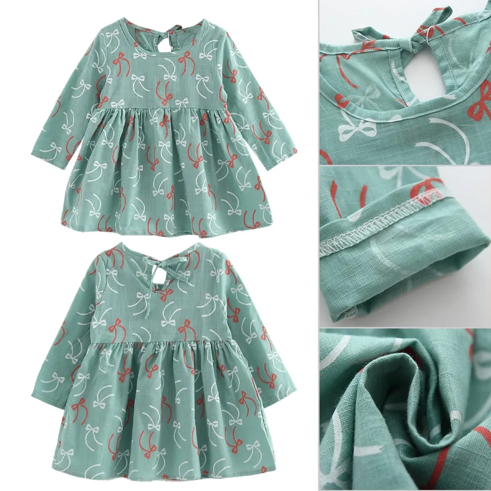 Summer Cute Knee-Length Long Sleeve Soft Cotton Sundress For Girls