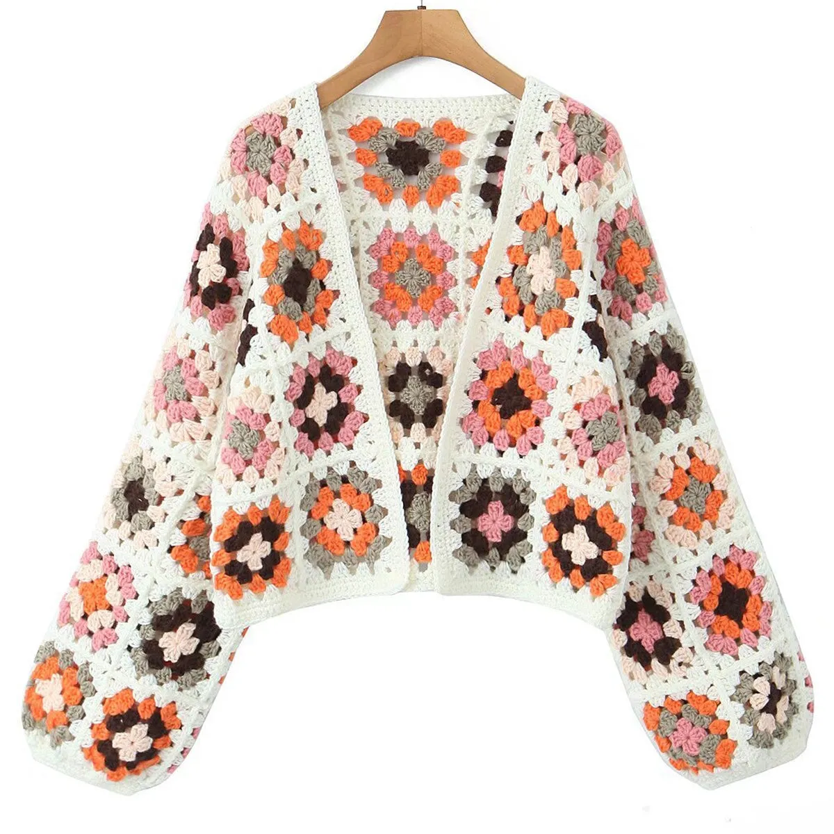 Vintage Open Front Long Sleeve Cropped Crochet Knit Granny Square Cardigan