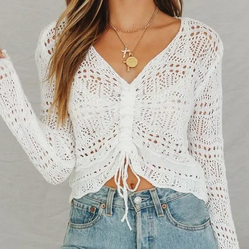 White Lace Knitted Ruched T-shirt