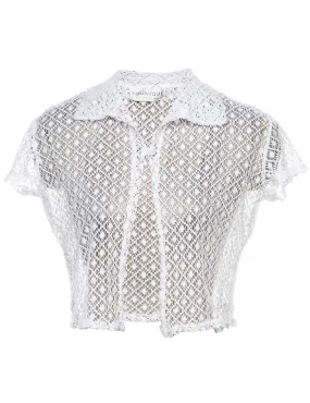 White Short-Sleeve Lace Sheer Y2K Blouse - M