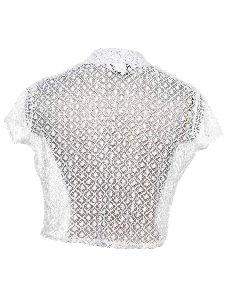 White Short-Sleeve Lace Sheer Y2K Blouse - M