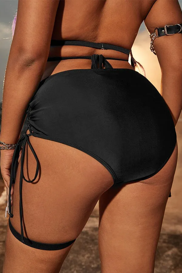 Women's Plus Size Black Crisscross Tie High Waist Swim Bottom